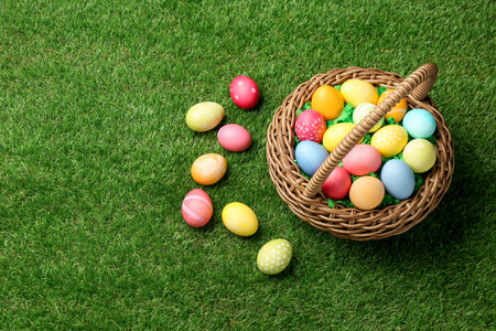 Easter basket with painted eggs on green grass, above view. Space for text