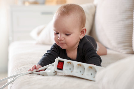 Child safety at home. Little girl playing with extension cord on sofa indoors