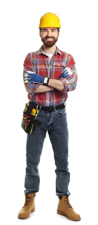 Professional builder with tool belt on white background