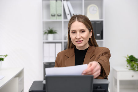 Smiling woman loading paper into printer in office
