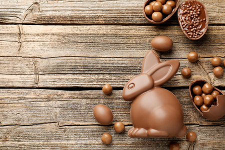 Chocolate Easter bunny and eggs on wooden table, flat lay. Space for text