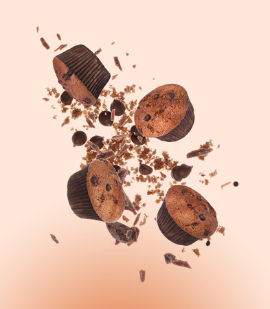 Tasty muffins with chocolate chips flying in air on beige gradient backgroundの写真素材