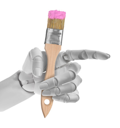 Robotic hand holding paintbrush on white background. Artificial intelligence in creative artの写真素材