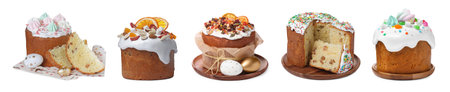 Set of delicious Easter cakes and eggs isolated on white