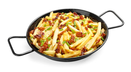 Delicious French fries with bacon and green onion isolated on white