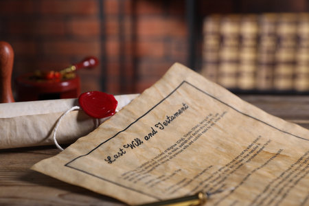 Last Will and Testament and paper scroll on wooden table, closeupの写真素材