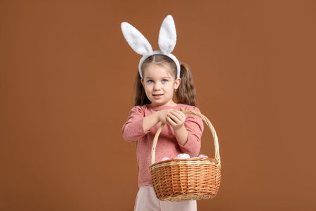 Easter celebration. Smiling little girl in headband with bunny ears holding wicker basket full of...