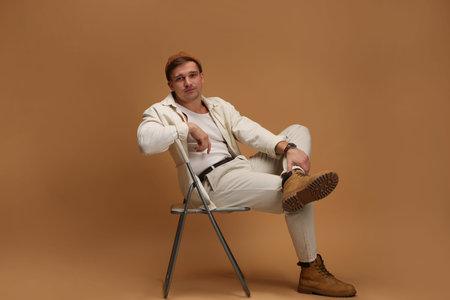 Fashion model. Handsome man in hat posing on chair against beige background