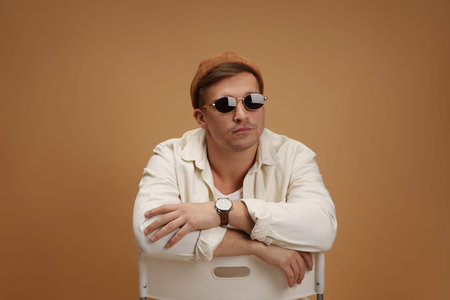 Fashion model. Handsome man in hat and sunglasses posing on chair against beige background