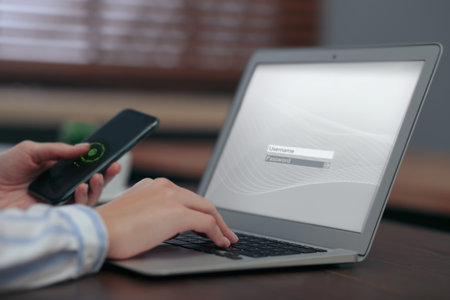 Privacy protection. Woman signing into account with Username and Password on laptop and unlocking...