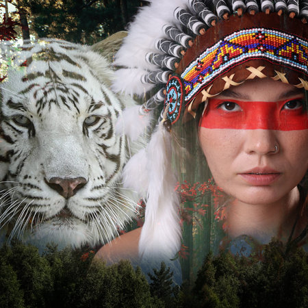 Shaman woman with her animal spirit in nature. Girl in native American Indian headdress, double...