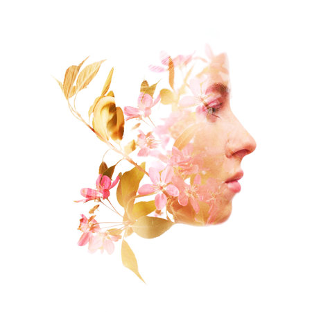 Attractive woman and spring blossoms, double exposure on white background
