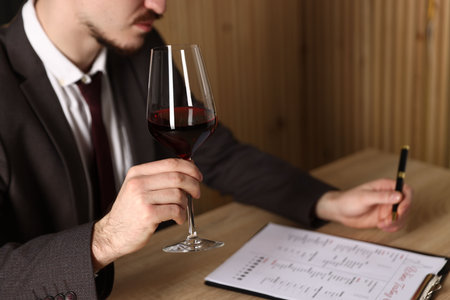 Professional sommelier with glass of red wine filling out tasting card at wooden table, closeupの写真素材