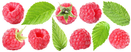 Fresh raspberries and green leaves isolated on white, set