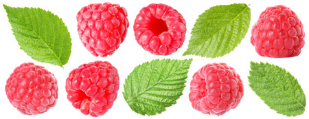 Fresh raspberries and green leaves isolated on white, set