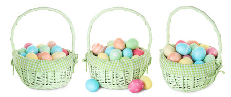 Colorful Easter eggs and wicker basket isolated white background, set
