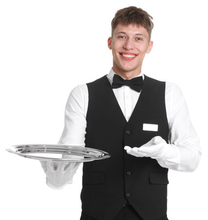 Waiter in uniform with empty tray on white background