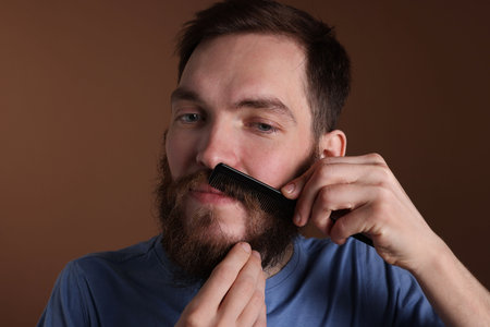 Man combing his mustache on brown backgroundの写真素材