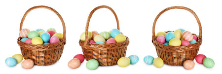 Wicker basket with colorful Easter eggs isolated on white, collage