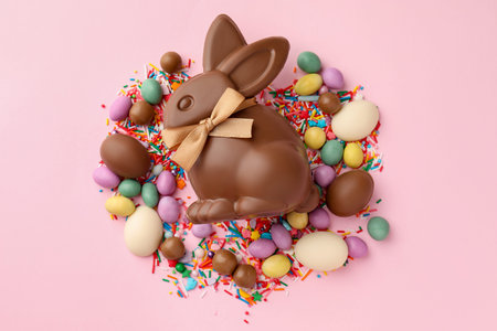Chocolate Easter bunny, eggs, candies and sprinkles on pink background, flat lay