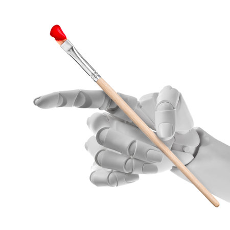 Robotic hand holding paintbrush on white background. Artificial intelligence in creative art