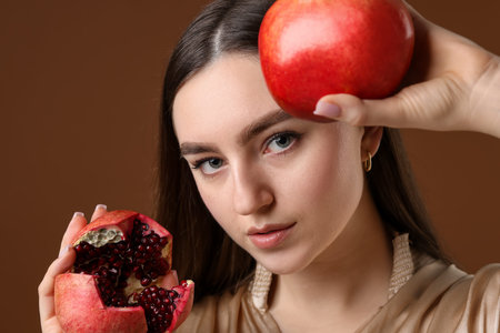 Beautiful woman with ripe pomegranate on brown backgroundの写真素材