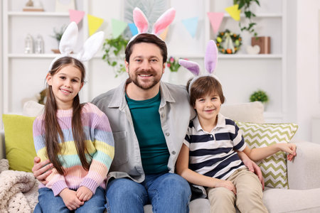 Easter celebration. Happy family with bunny ears on sofa at home