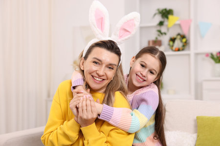 Easter celebration. Mother with bunny ears and her daughter at homeの写真素材