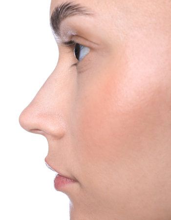 Beautiful woman on white background, closeup viewの写真素材