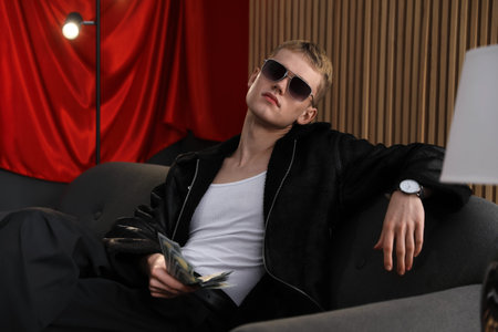 Young businessman in jacket and sunglasses with dollar banknotes resting on sofa indoorsの写真素材