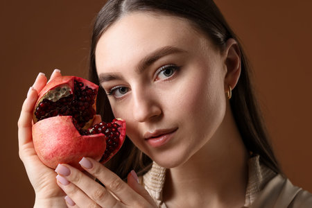 Beautiful woman with ripe pomegranate on brown backgroundの写真素材