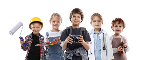 Choice of future profession. Happy children dressed as workers in different occupations. White backgroundの写真素材