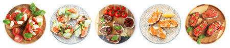 Different tasty bruschettas isolated on white, set. Top viewの写真素材