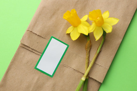 Kraft paper bag with blank sticker and daffodils on light green background, top viewの写真素材