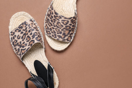 Pair of stylish shoes with leopard pattern on dark beige background, flat lay. Space for textの写真素材