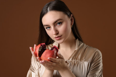 Beautiful woman with ripe pomegranate on brown backgroundの写真素材