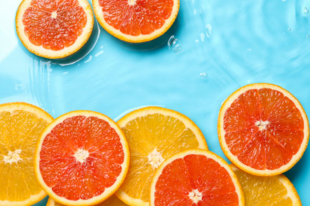 Slices of citrus fruits in water on light blue background, flat layの写真素材
