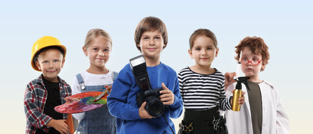 Choice of future profession. Happy children dressed as workers in different occupations. Gradient backgroundの写真素材