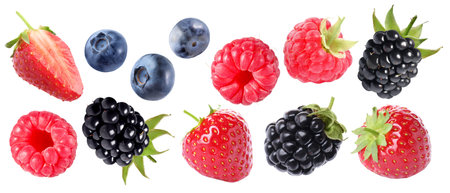 Fresh berries isolated on white. Set of strawberries, raspberries, blueberries and blackberriesの写真素材