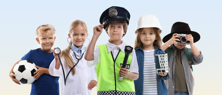 Choice of future profession. Happy children dressed as workers in different occupations. Gradient backgroundの写真素材