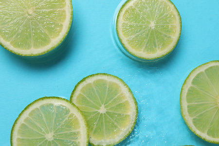 Lime slices in water on light blue background, flat layの写真素材