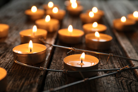 Holocaust Remembrance Day. Burning candles and barbed wire on wooden table, closeupの写真素材