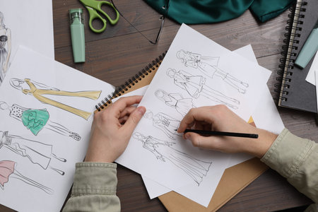 Fashion designer drawing sketch of outfits at wooden desk, top viewの写真素材