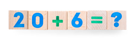 Wooden cubes with mathematical formula isolated on white, top view