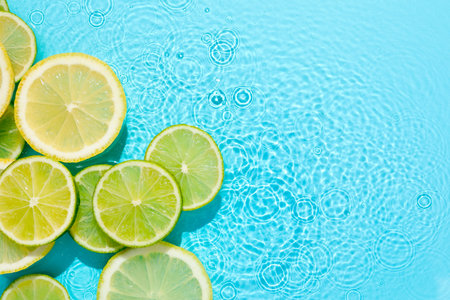 Lemon and lime slices in water on light blue background, flat lay. Space for textの写真素材