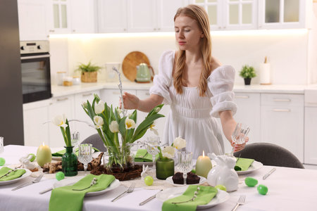 Woman arranging beautiful flowers at home. Easter table setting