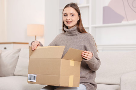 Woman with parcel on sofa at home