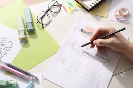 Fashion designer drawing sketch of outfits at white wooden desk, closeup