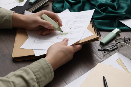 Fashion designer drawing sketch of outfits at wooden desk, closeup