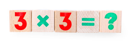 Wooden cubes with mathematical formula isolated on white, top view